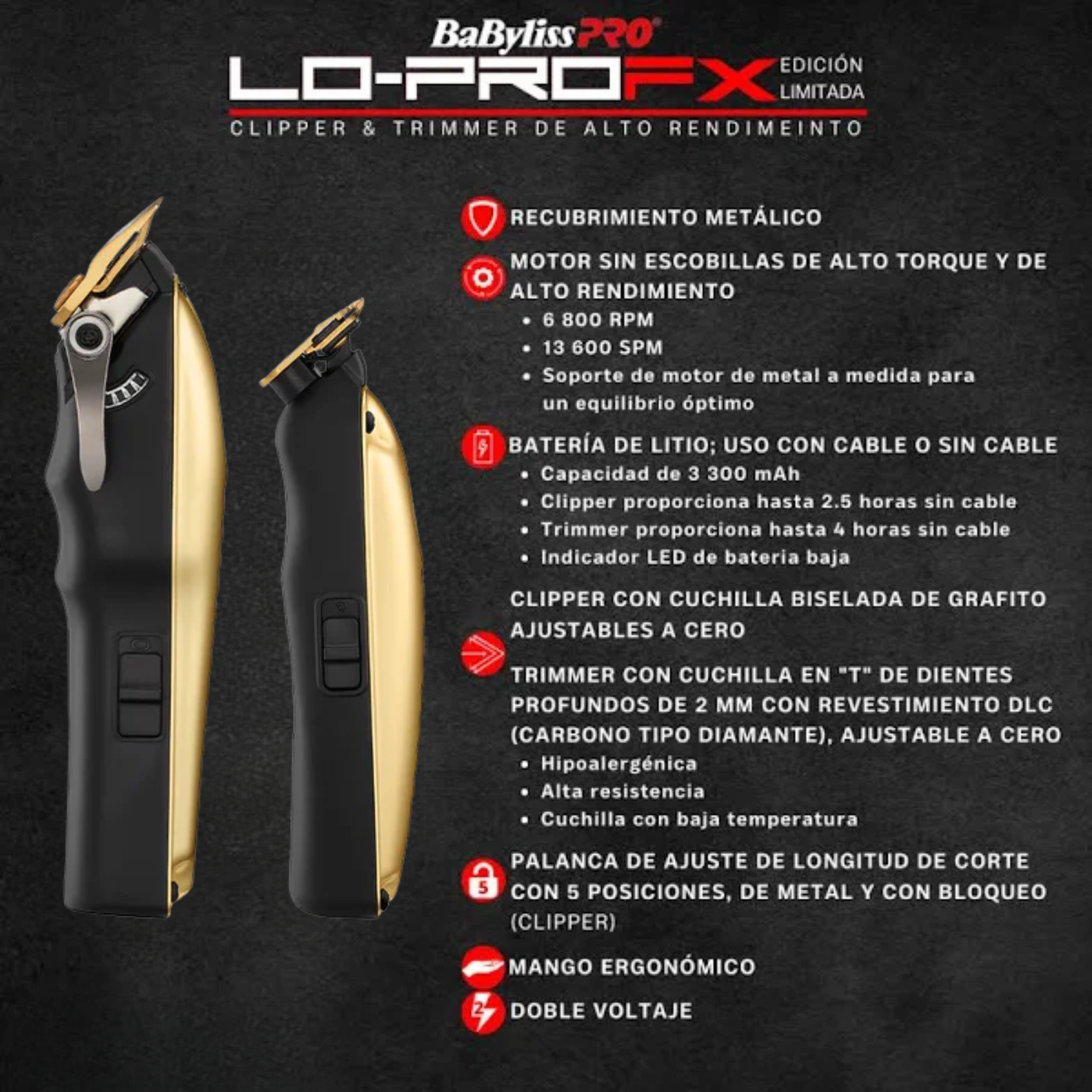 Combo Babyliss Pro Trimmer y Clipper LO-PROFX Edición Limitada Dorada