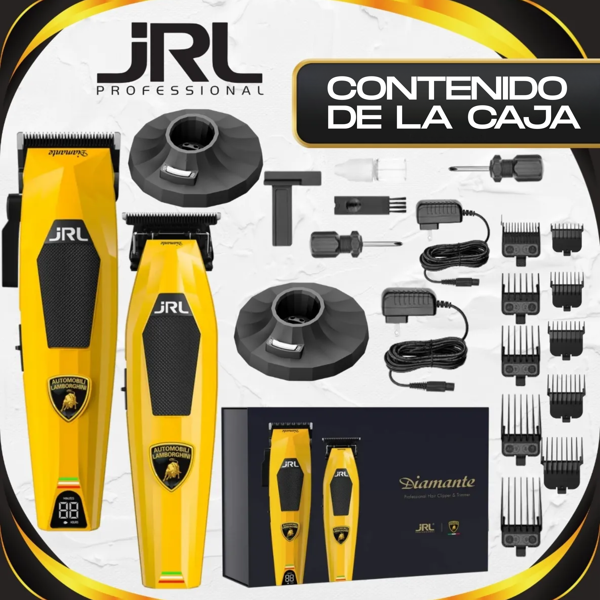 Combo JRL Lamborghini Clipper Trimmer Amarillo Bases De Carga