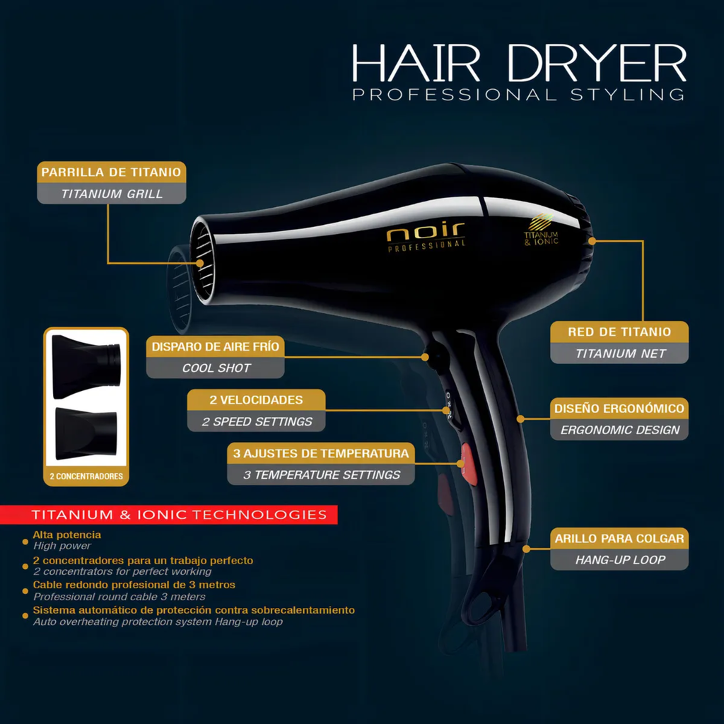 Secadora Para Cabello Profesional Noir Pro 2000W Ajuste 2 Vel 3 Temperaturas