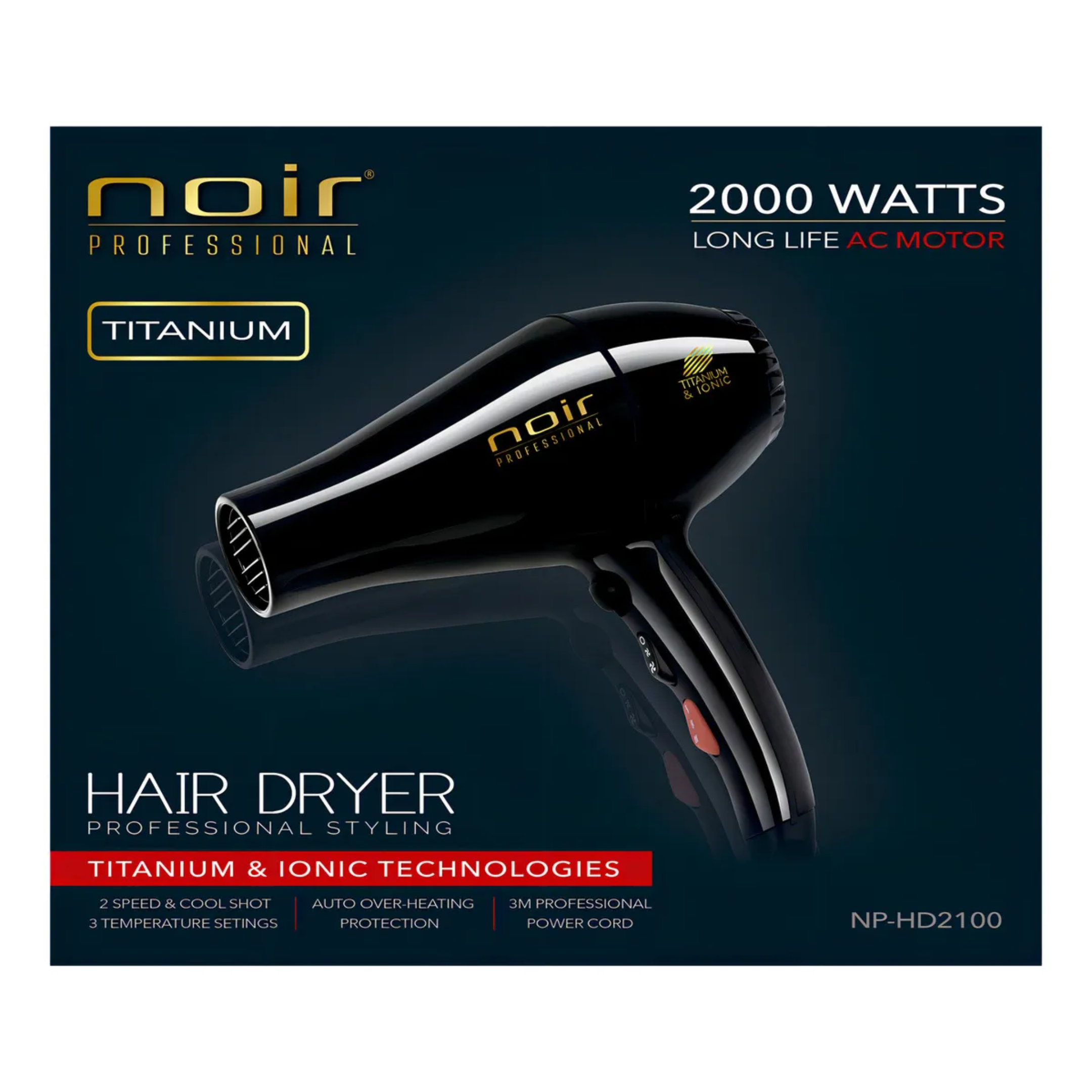 Secadora Para Cabello Profesional Noir Pro 2000W Ajuste 2 Vel 3 Temperaturas